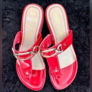 Red Patent Leather “Unisa” Sandal with Gold Hardware Detailing - Like New